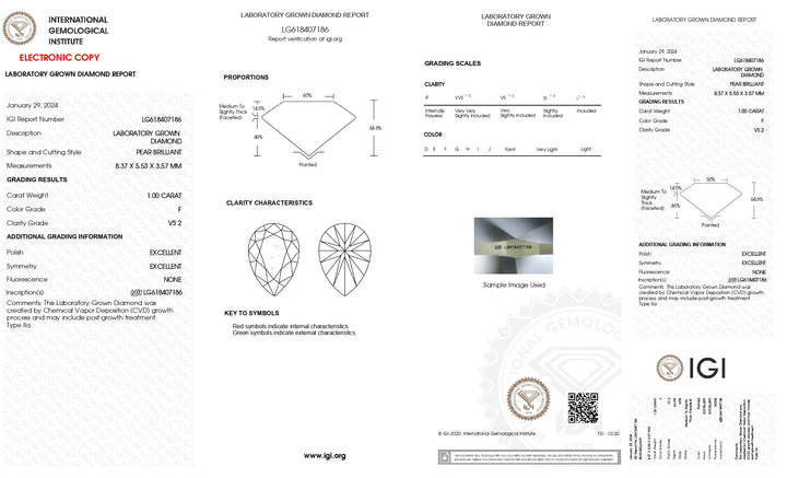 Diamant cultivé en laboratoire certifié IGI 1,00 CT taille poire | Clarté VS2 | Couleur F