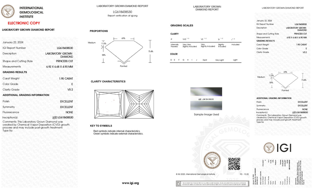 Diamant cultivé en laboratoire taille princesse - 1,95 CT, certifié IGI, couleur VS2/E