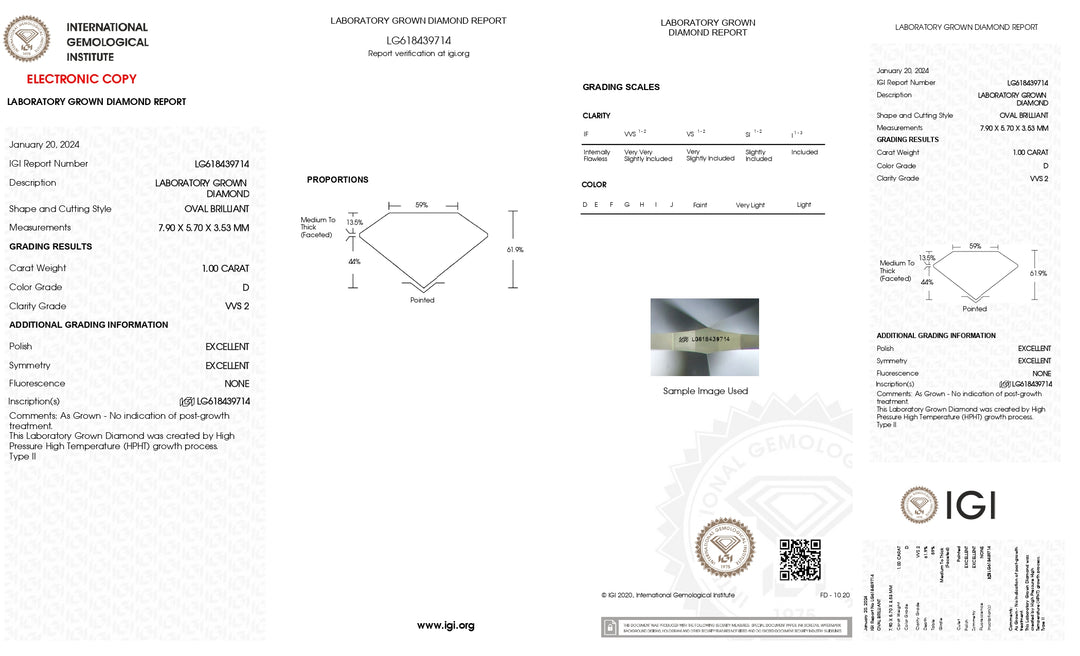 IGI Certified 1.00 CT Oval Lab Grown Diamond - D Color, VVS2 Clarity