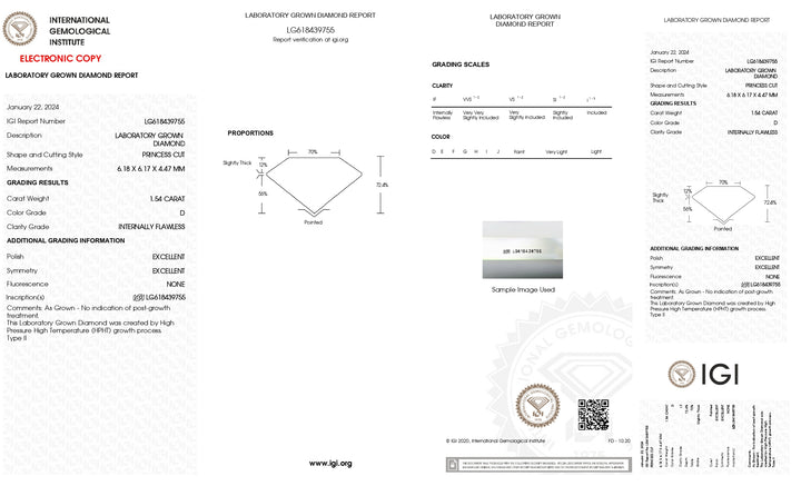 IGI Certified 1.54 CT Princess Cut Lab Grown Diamond, IF/D Color