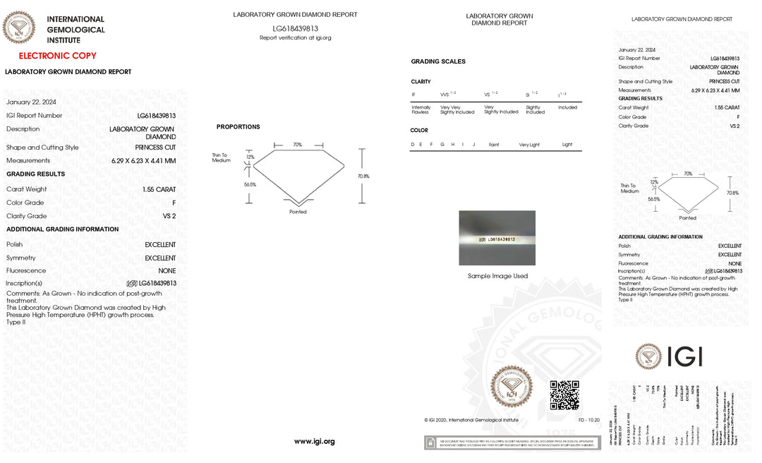 Diamant cultivé en laboratoire, taille princesse, 1,55 ct, certifié IGI (VS2, couleur F)