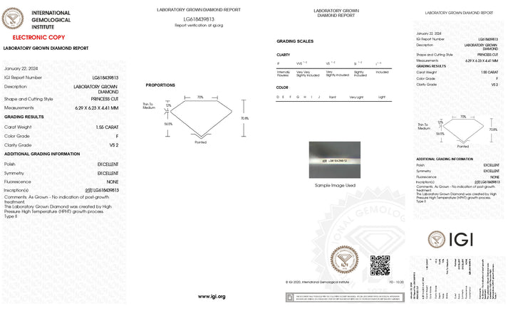 Erlesener, IGI-zertifizierter, 1,55 Karat schwerer, im Prinzessschliff gefertigter, im Labor gezüchteter Diamant (VS2, Farbe F)