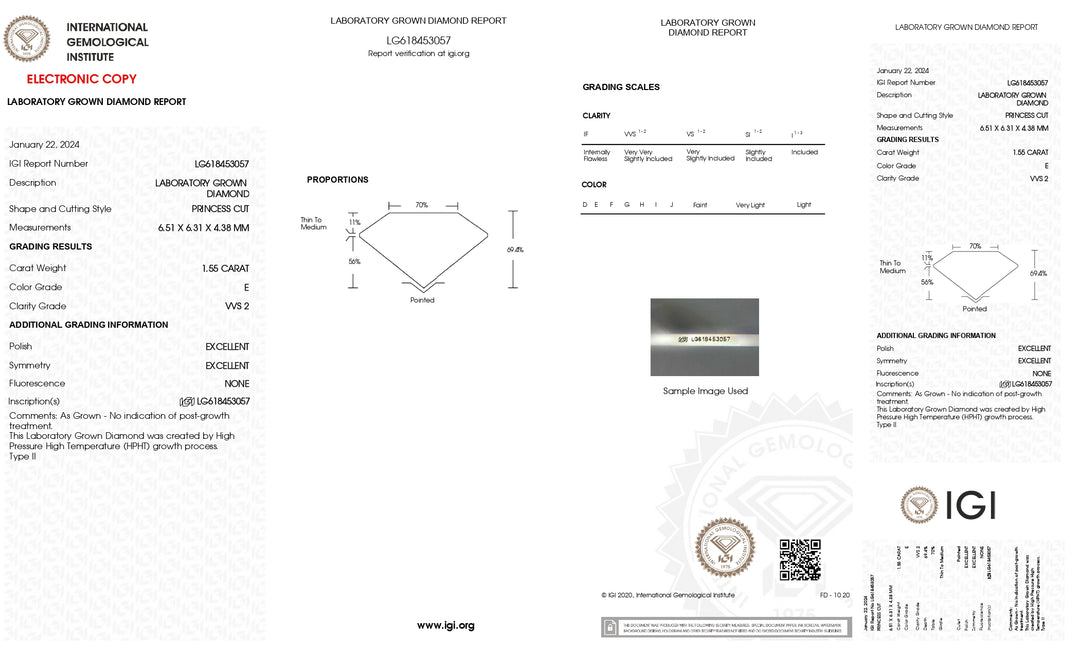 IGI Certified 1.55 CT Princess Cut Lab Grown Diamond - VVS2 Clarity, E Color