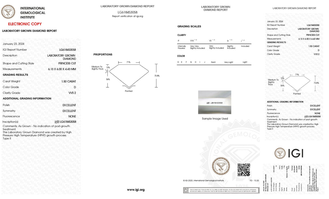 IGI Certified 1.50 CT Princess Cut Lab Grown Diamond - Exceptional VVS2 Clarity, Stunning D Color