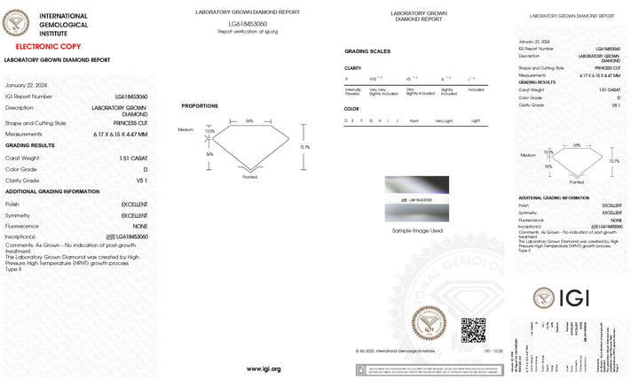 IGI Certified 1.51 CT Princess Cut Lab-Grown Diamond - VS1 Clarity, D Color