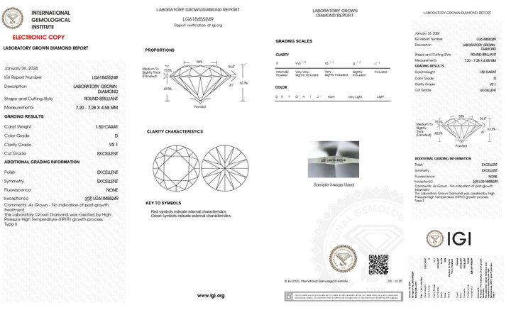 Diamant rond cultivé en laboratoire de 1,50 ct certifié IGI - Couleur D, clarté VS1 : brillance éternelle