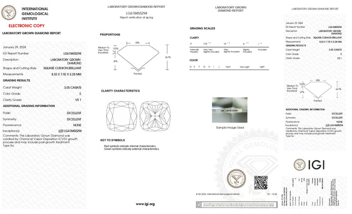 IGI Certified 3.05 Carat Cushion Cut Lab-Grown Diamond, E Color, VS1 Clarity