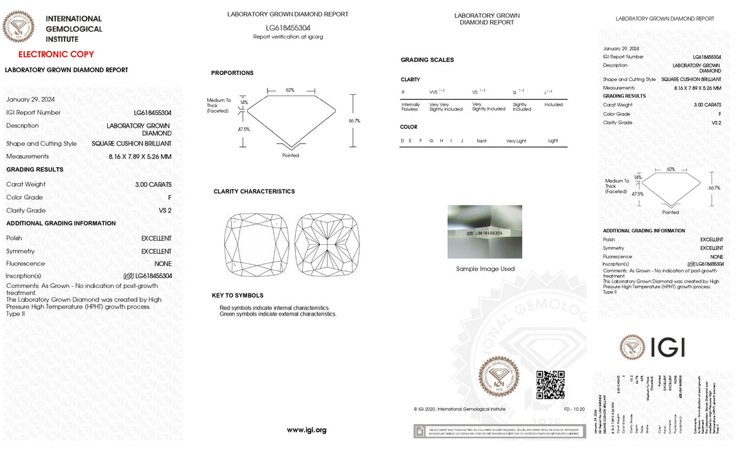 Luxurious 3.00 CT Cushion Cut Lab Grown Diamond - IGI Certified, F Color, VS2 Clarity