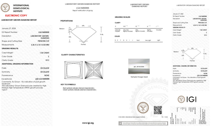 Eleganter, IGI-zertifizierter, 1,54 Karat schwerer, im Prinzessschliff gefertigter Labordiamant (VS2, Farbe E)