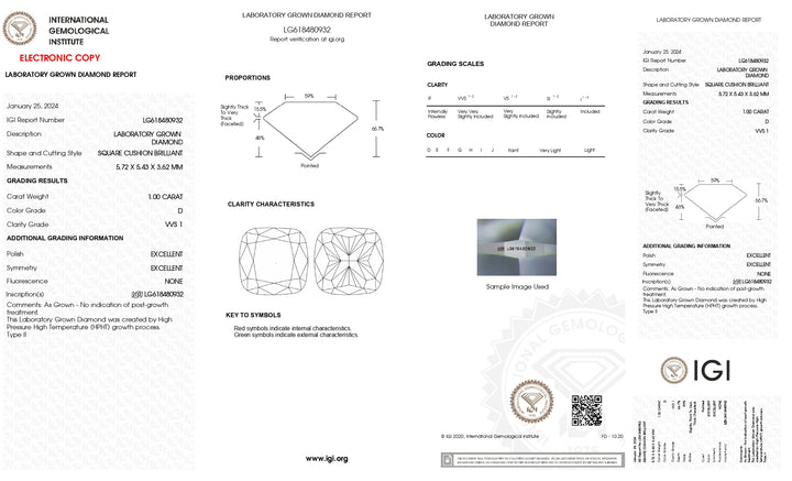 Diamant cultivé en laboratoire, taille coussin, certifié IGI, 1,00 ct : clarté VVS1, qualité de couleur D 