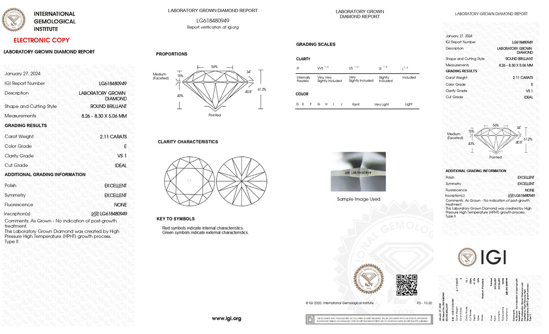 IGI-zertifizierter, runder, im Labor gezüchteter Diamant mit 2,11 Karat – Reinheit VS1, Farbe E, exzellenter Schliff