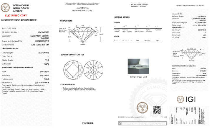Diamant rond cultivé en laboratoire certifié IGI de 2,00 CT | Couleur D, clarté VS1