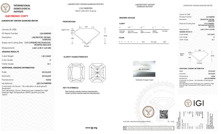 IGI-zertifizierter 1,00 Karat Radiantschliff-Labordiamant | VS1-Klarheit | D-Farbe