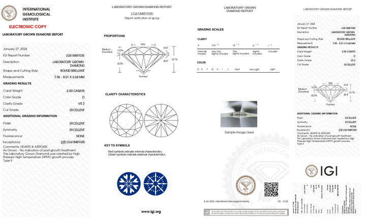 IGI Certified 2.00 CT Round Lab Grown Diamond | D Color, VS2 Clarity