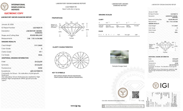 Diamant cultivé en laboratoire certifié IGI de 1,91 CT | Clarté VS1 | Couleur D | Excellente coupe