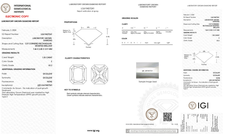 IGI Certified 1.55 CT Radiant Cut Lab Grown Diamond, VS2 Clarity, E Color