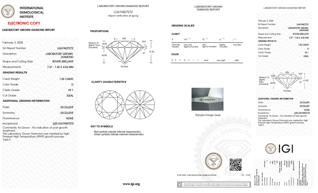 IGI Certified 1.55 CT Round Cut Lab-Grown Diamond - D Color, VS1 Clarity, Ideal Cut