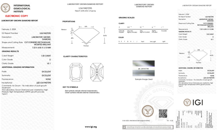 Diamant cultivé en laboratoire certifié IGI 1,00 CT taille radiante | Clarté VS1 | Couleur D