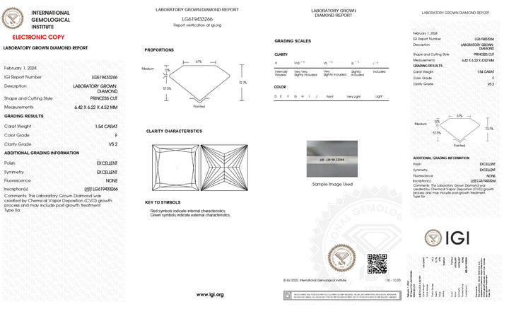 IGI Certified 1.54 CT Princess Cut Lab-Grown Diamond - F Color, VS2 Clarity