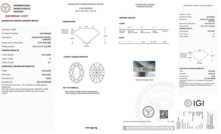 Exquisiter, im Labor gezüchteter Diamant im Ovalschliff (1,00 Karat) | IGI-zertifiziert, Farbe D, Reinheit SI1