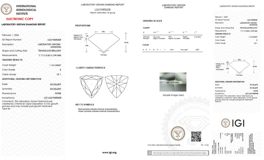1.14 Carat Triangle Lab Grown Diamond, VS1/E