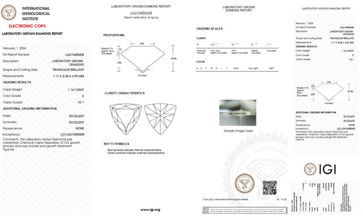 1.14 Carat Triangle Lab Grown Diamond, VS1/E