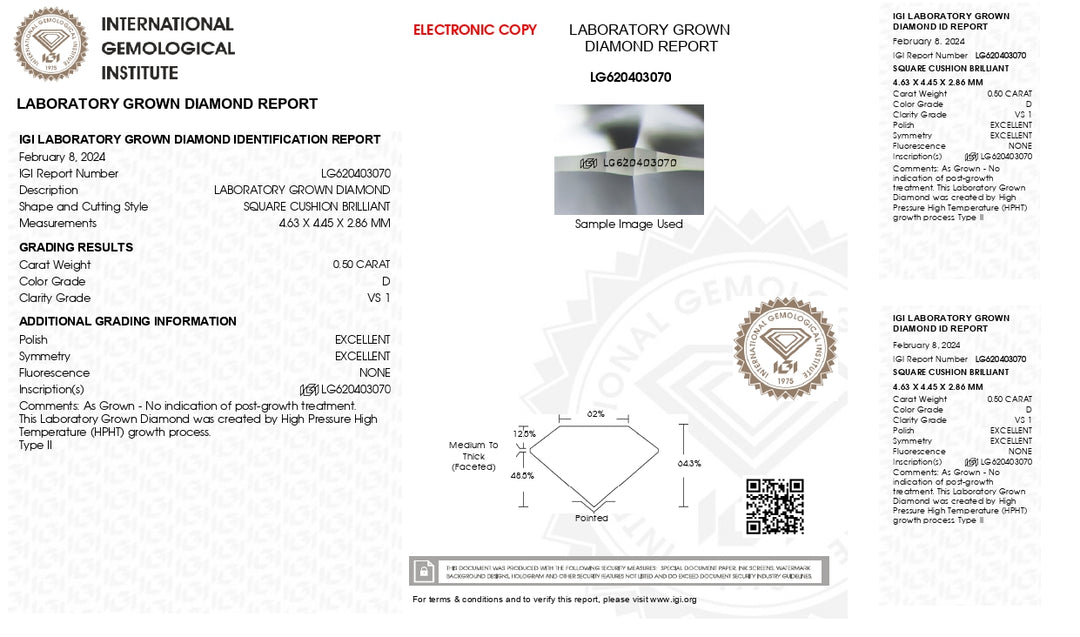 Lyxig 0,50 CT IGI Certified Lab -odlad kuddskuren diamant - D färg, VS1 tydlighet