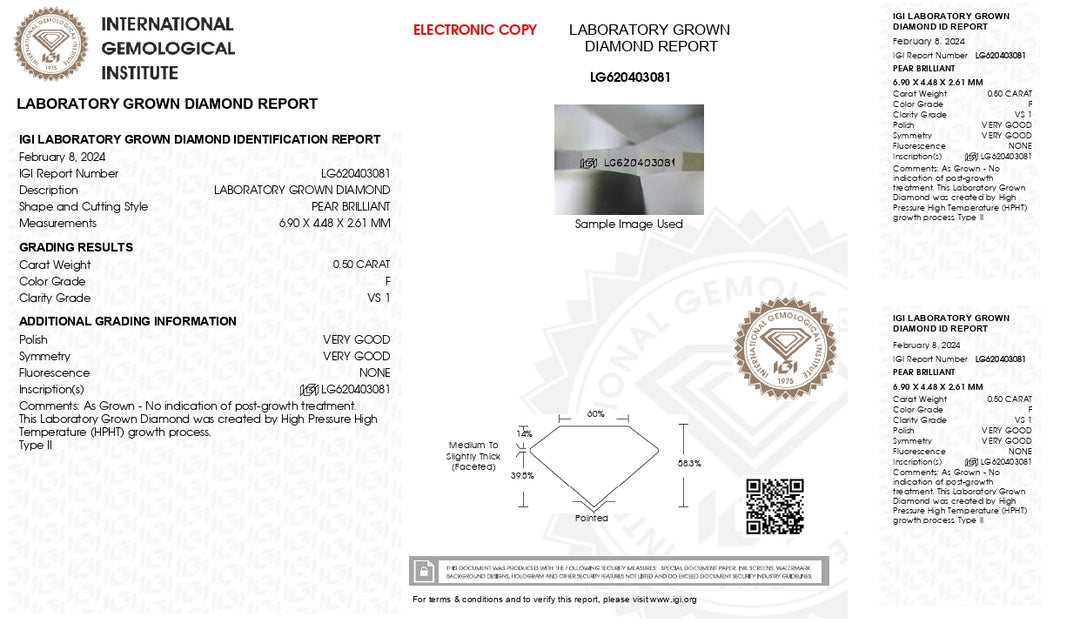 IGI sertifikalı 0.50 ct armut kesim laboratuvarı Grown Diamond - F Renk, VS1 Clarity