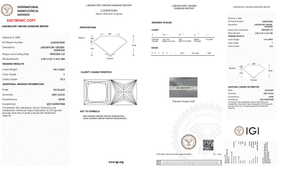 Diamant cultivé en laboratoire taille princesse - 1,96 CT, certifié IGI, couleur VS2/F