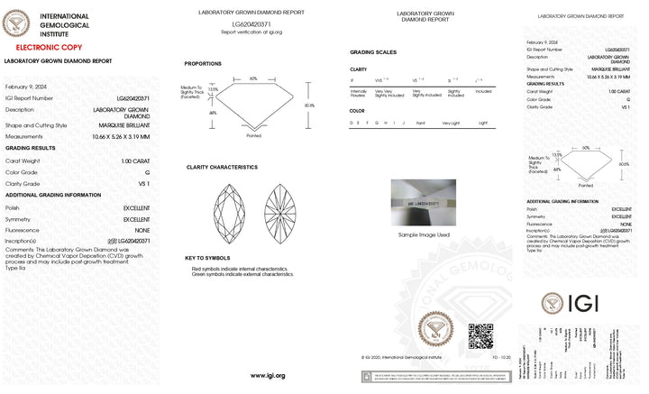 Exquisite 1.00 CT Marquise Cut Lab Grown Diamond | IGI Certified, G Color, VS1 Clarity