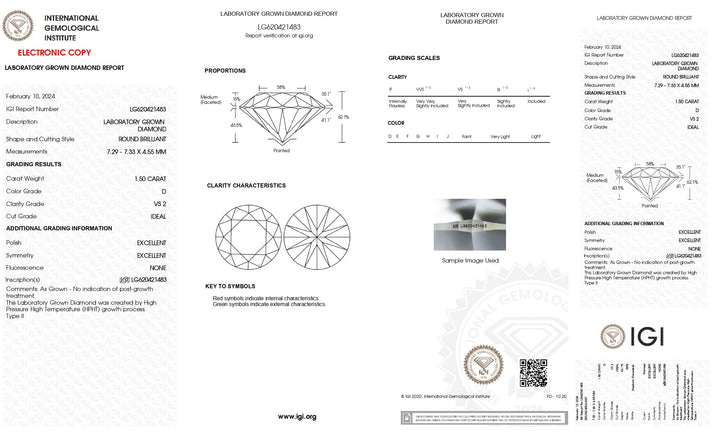 Zertifizierter IGI-Diamant im Labor gezüchtet, rund, 1,50 Karat, Farbe D, Reinheit VS2