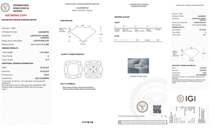 Sophisticated 1.50 CT Cushion Cut Lab Grown Diamond - IGI Certified, D Color, VS2 Clarity