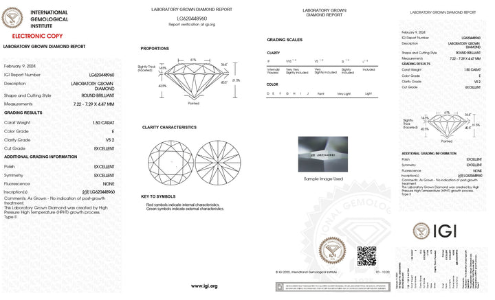 IGI Certified 1.50 CT Round Lab Grown Diamond - E Color, VS2 Clarity, Excellent Cut