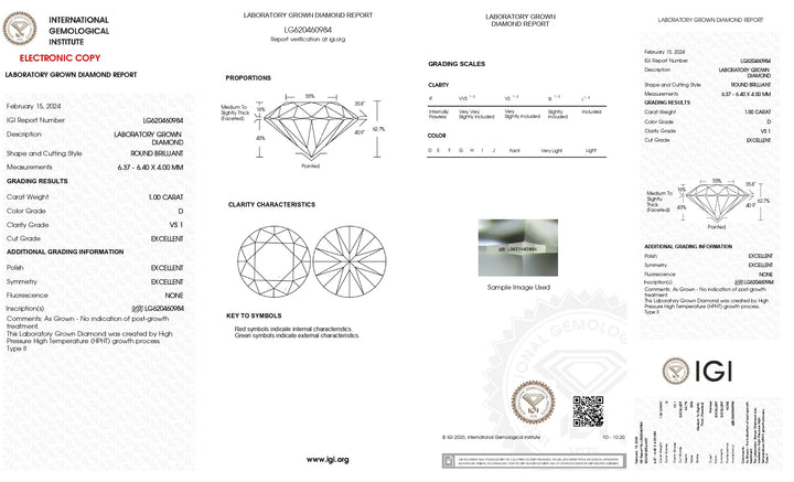 Diamant rond cultivé en laboratoire de 1,00 CT certifié IGI - Clarté VS1, couleur D