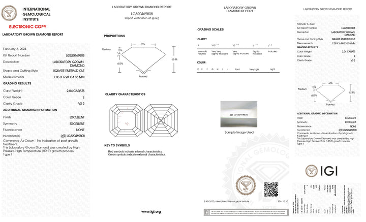 IGI-zertifizierter, im Labor gezüchteter Diamant im quadratischen Smaragdschliff von 2,04 Karat – Reinheit VS2, Farbe E