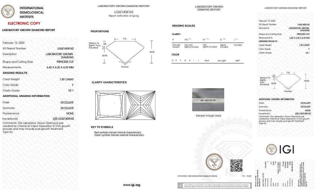 IGI Certified 1.50 CT Princess Cut Lab Grown Diamond - F Color, Exquisite VS1 Clarity