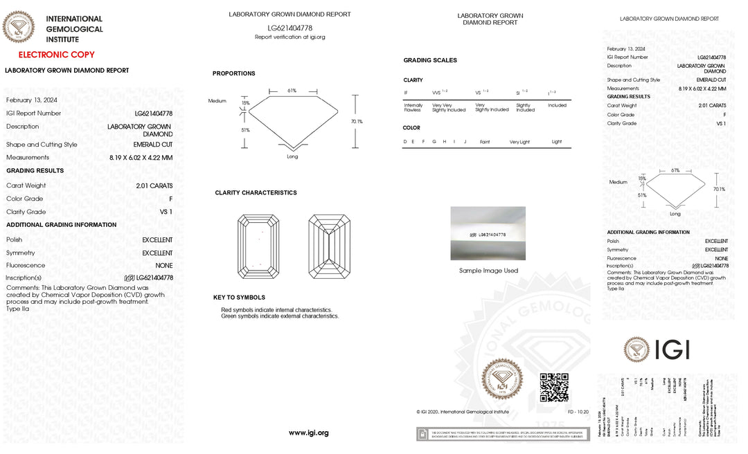 Diamant cultivé en laboratoire certifié IGI 2,01 CT taille émeraude - Couleur F, clarté VS1