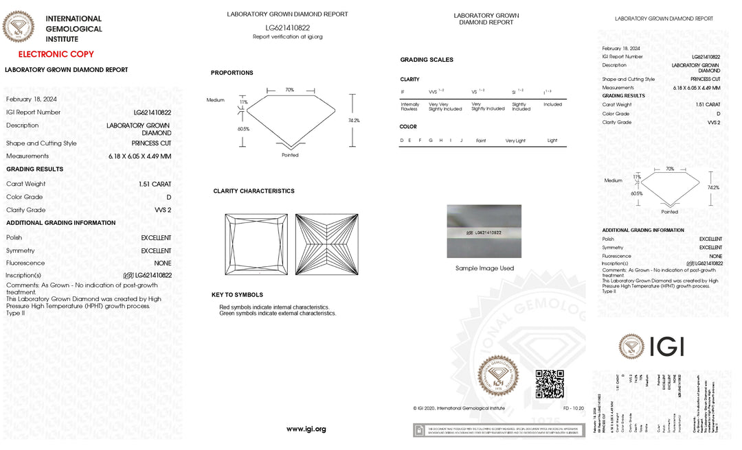 IGI Certifié 1,51 CT Princess Cut Lab Grown Diamond - Vvs2 Clarity, D Color