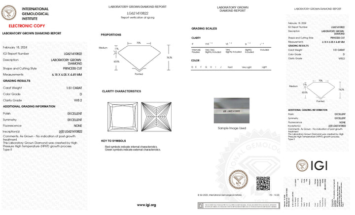 IGI Certifié 1,51 CT Princess Cut Lab Grown Diamond - Vvs2 Clarity, D Color