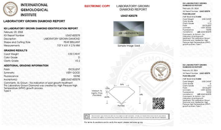 IGI Certified 0.50 CT Pear Cut Lab Grown Diamond - D Color, VS2 Clarity