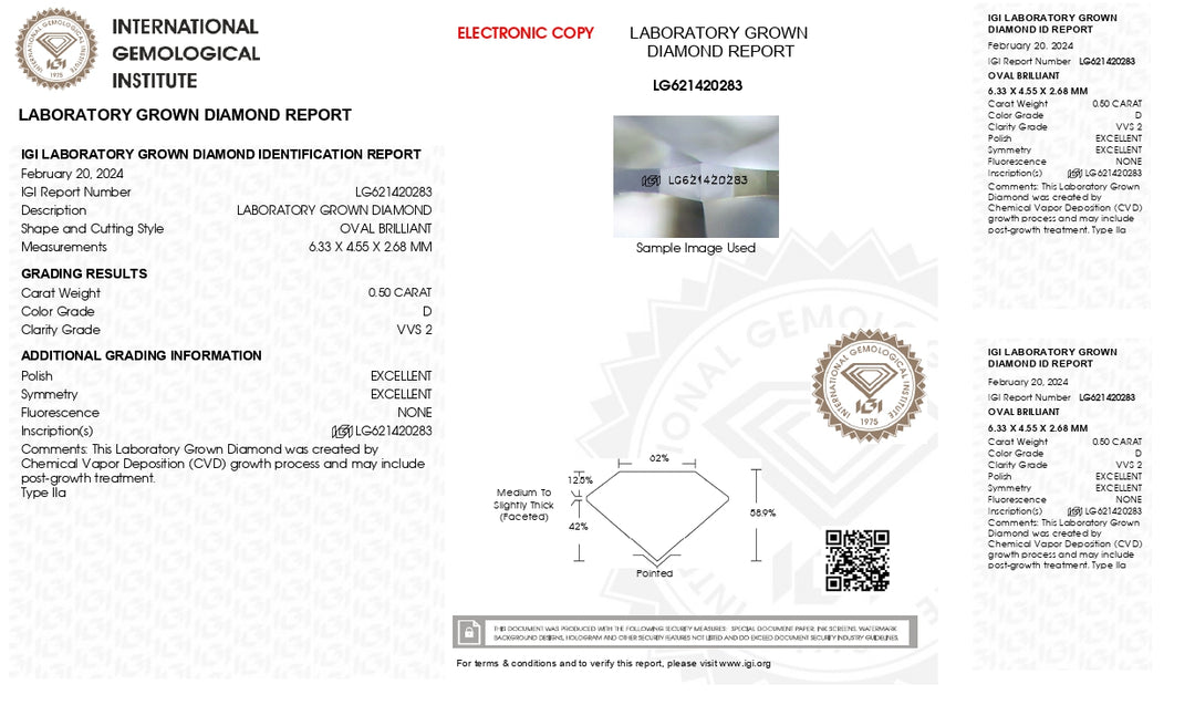 IGI gecertificeerd 0,50 ct Oval Cut Lab Gegroeide diamant - D kleur, VVS2 Clarity