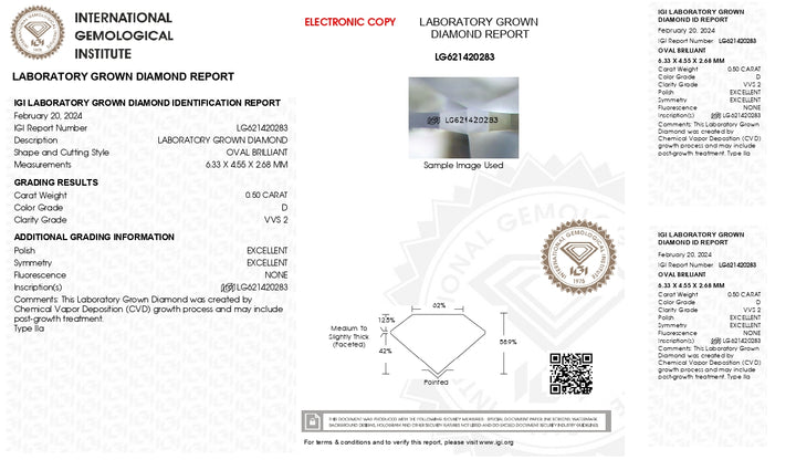 IGI certificat de 0,50 ct Oval Cut Lab Diamond cultivat - Culgărie D, Claritate VVS2