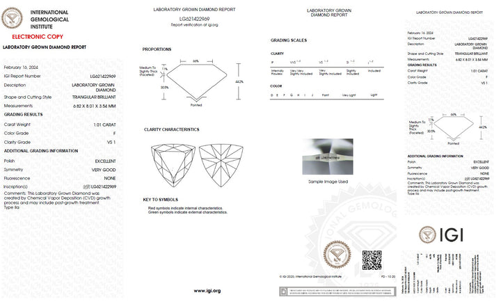 1.01 Carat Trilliant Lab Grown Diamond, VS1/F