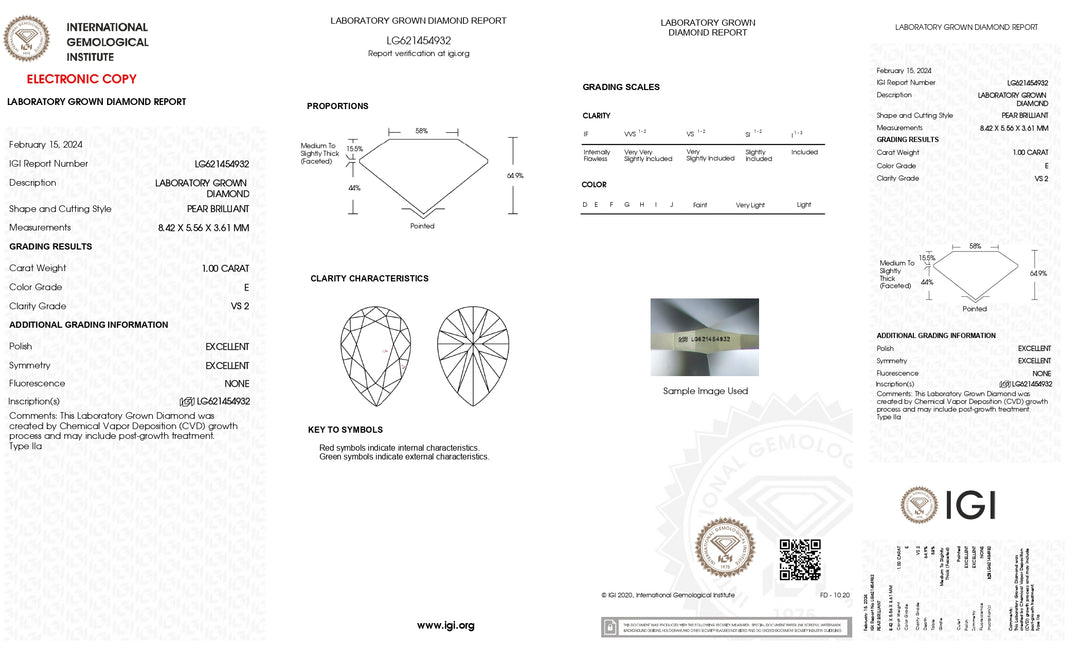 Diamant cultivé en laboratoire certifié IGI 1,00 CT taille poire | Clarté VS2 | Couleur E 