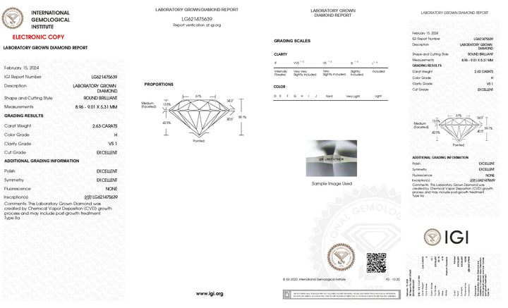 IGI-zertifizierter, runder, im Labor gezüchteter Diamant im Rundschliff (2,63 Karat) – Reinheit VS1, Farbe H