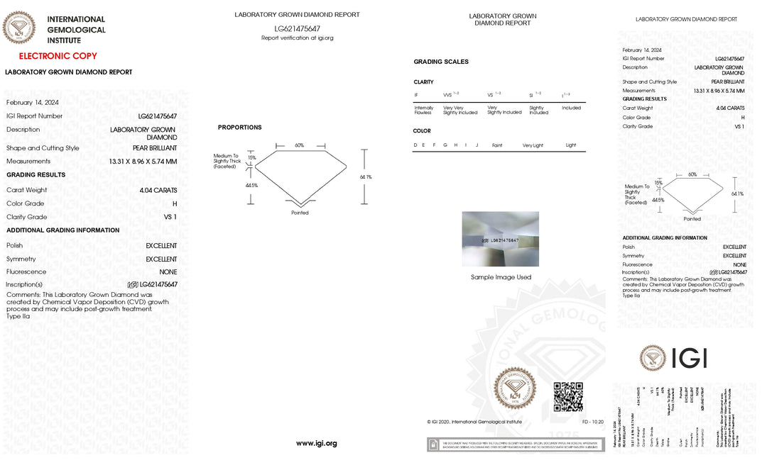 Diamant cultivé en laboratoire en forme de poire de 4,04 ct certifié IGI - Couleur H, clarté VS1