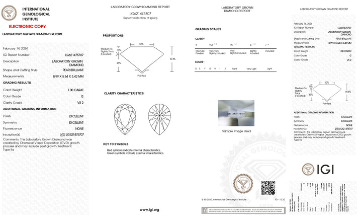 IGI Certified 1.00 CT Pear Cut Lab-Grown Diamond | VS2 Clarity | G Color