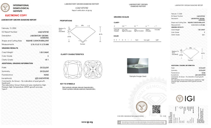 Diamant cultivé en laboratoire coussin 1,00 CT certifié IGI - Couleur E, clarté VS1 