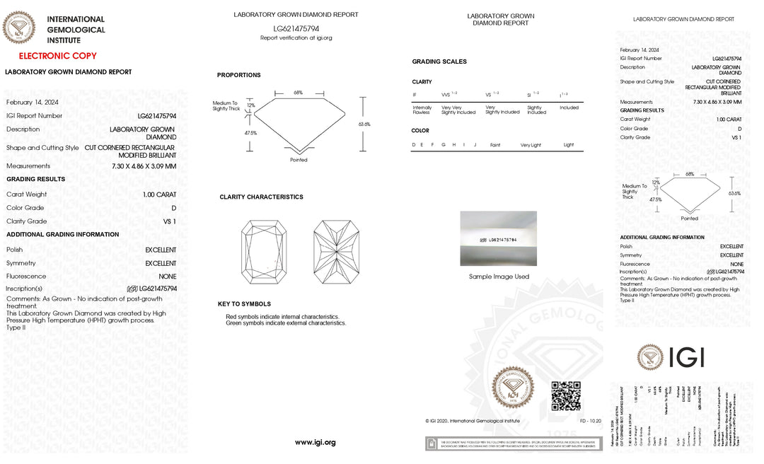 IGI-zertifizierter 1,00 Karat Radiantschliff-Labordiamant | VS1-Klarheit | D-Farbe