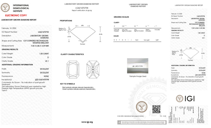 Diamant cultivé en laboratoire certifié IGI 1,00 CT taille radiante | Clarté VS1 | Couleur D